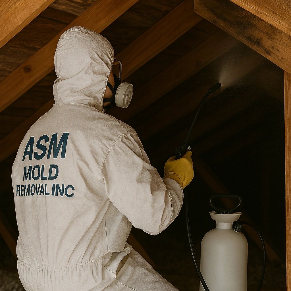 ASM technician treating mold inside an Ontario attic