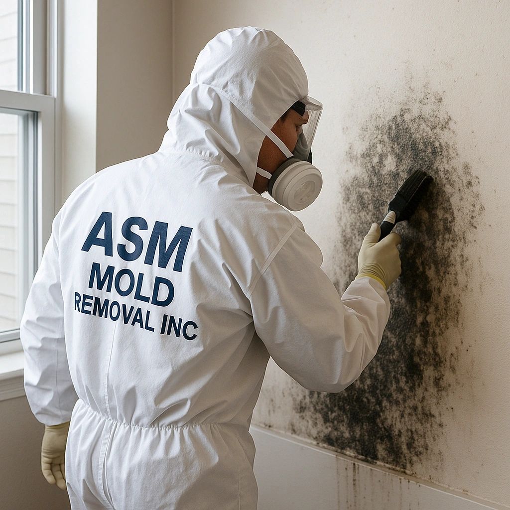Technician remediating mold on an interior wall